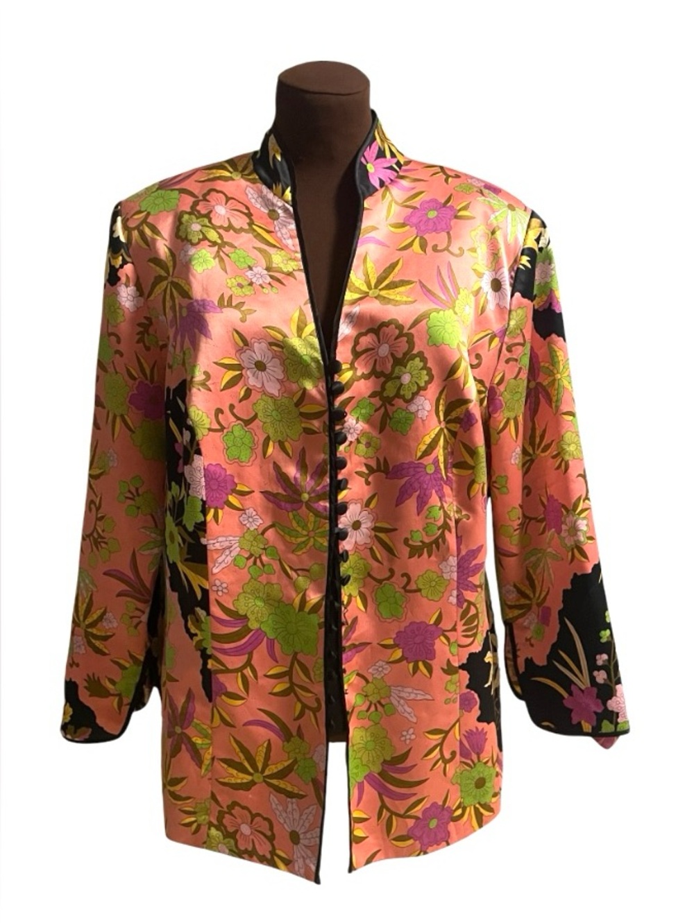 Vintage JS COLLECTIONS 100% Silk Full Button Front Pink Green Kimono Jacket 14